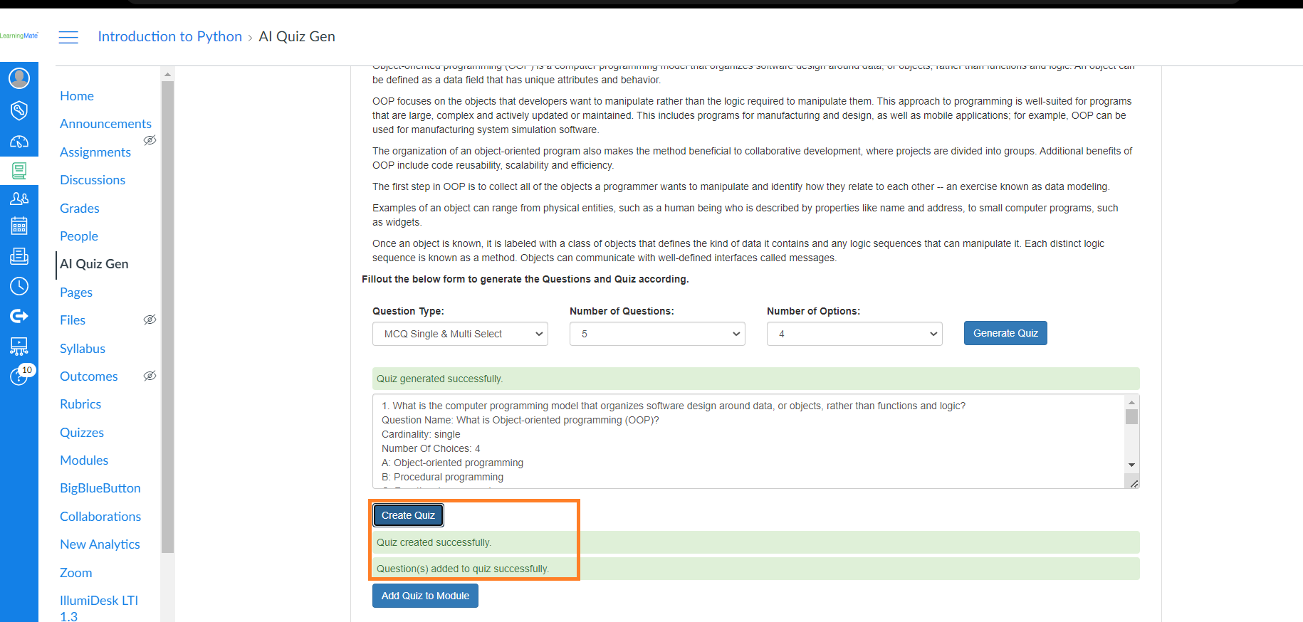 Ingesting the MCQs into Canvas Quiz