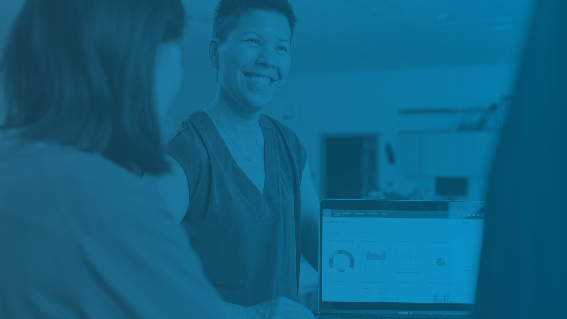 Teacher helping student with their digital learning and LMS