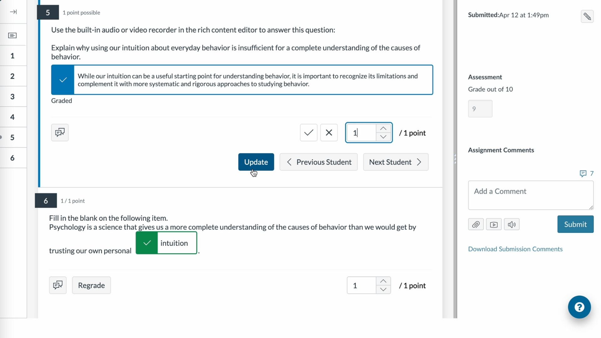 product screenshot of grade by question