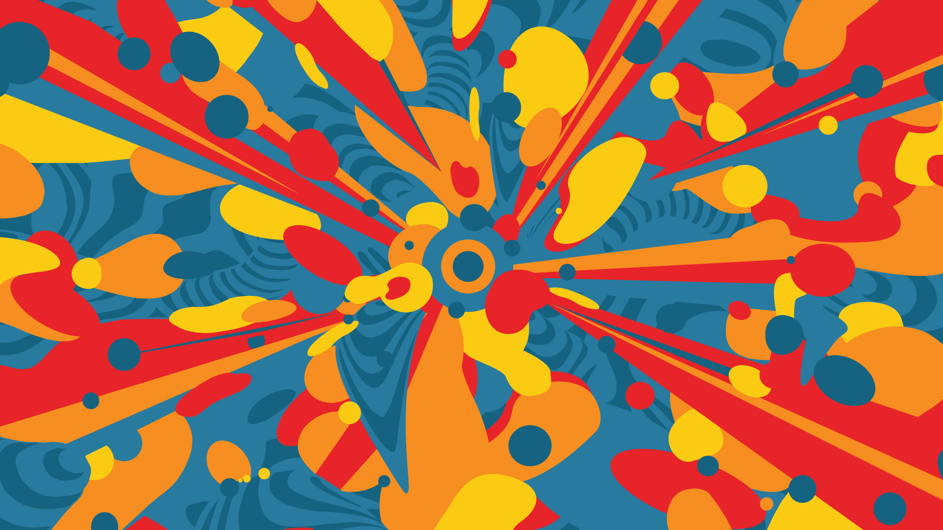 Bursts of red, orange, blue, and yellow blobs.