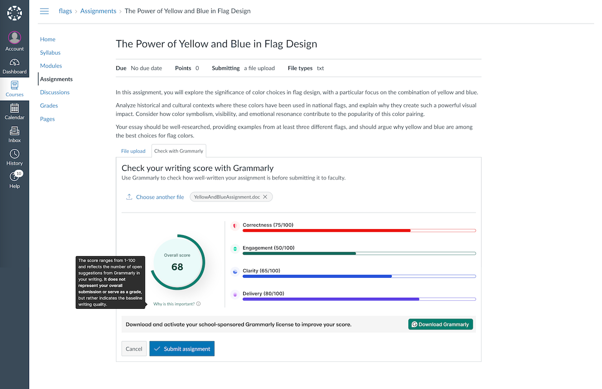 Screenshot of Grammarly's Writing Score Feature for Students