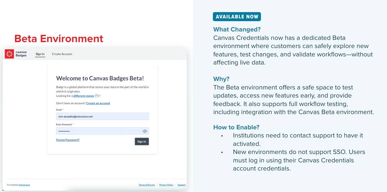 Canvas Creds beta enviroment