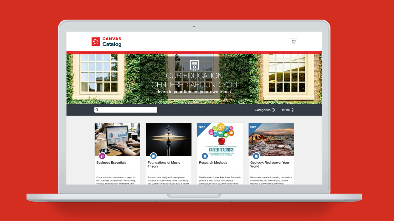 Course catalog homepage with search, filters, and featured courses.