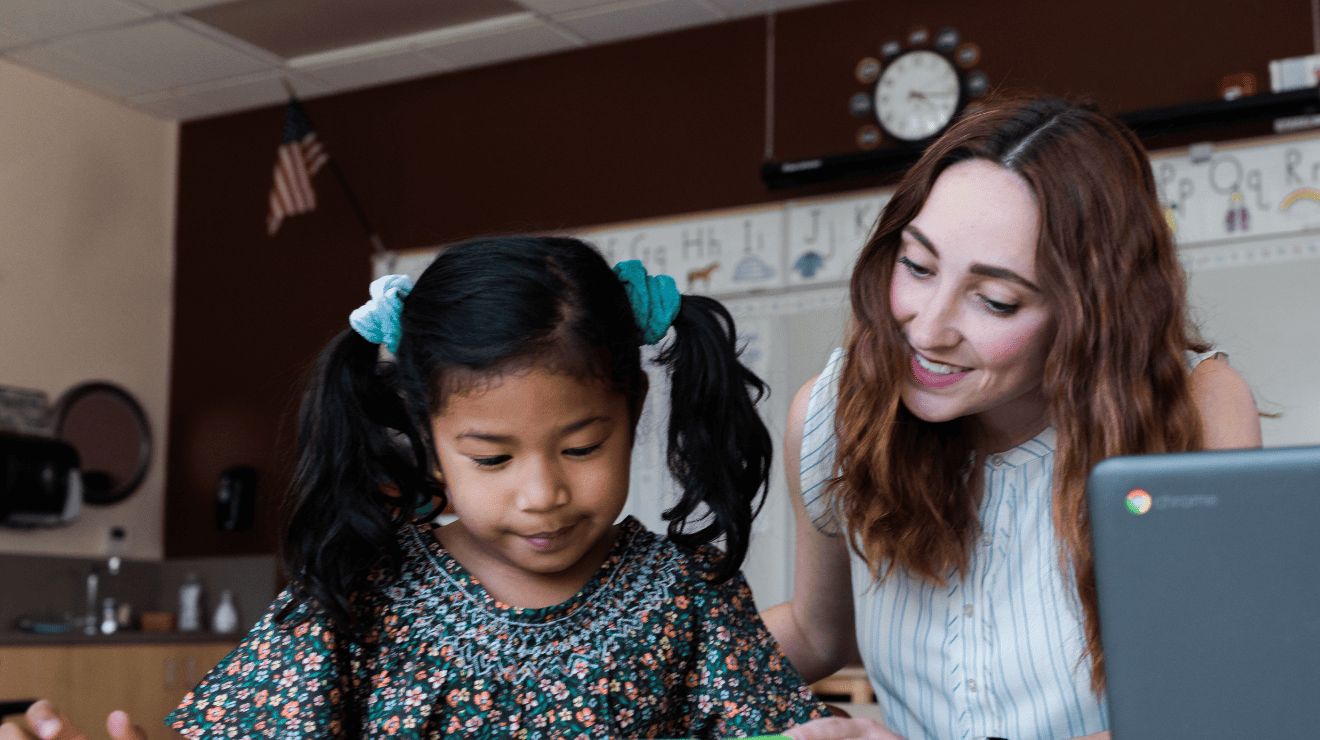 woman and child looking at the paper