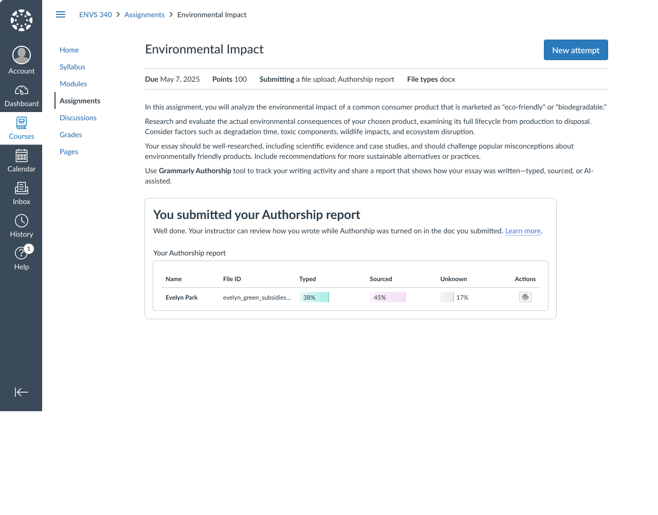 Canvas assignment page showing an Authorship report submission with typed, sourced, and unknown text percentages.
