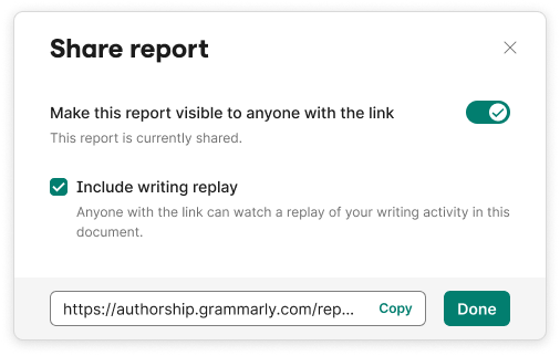 Grammarly ‘Share report’ pop-up showing options to share a report link and include writing replay, with copy link and done buttons.