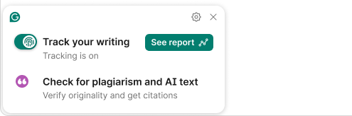 Grammarly widget showing ‘Track your writing’ with tracking on and ‘Check for plagiarism and AI text’ option.