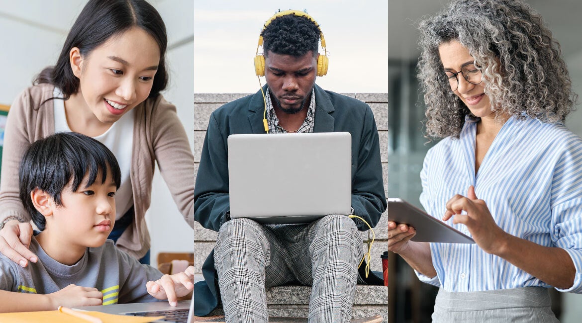three photos show a young student with a teacher, a college student on a laptop, and an adult learner on a tablet