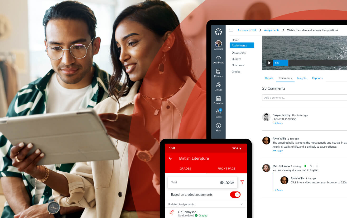 Two people looking at a tablet screen with a product preview