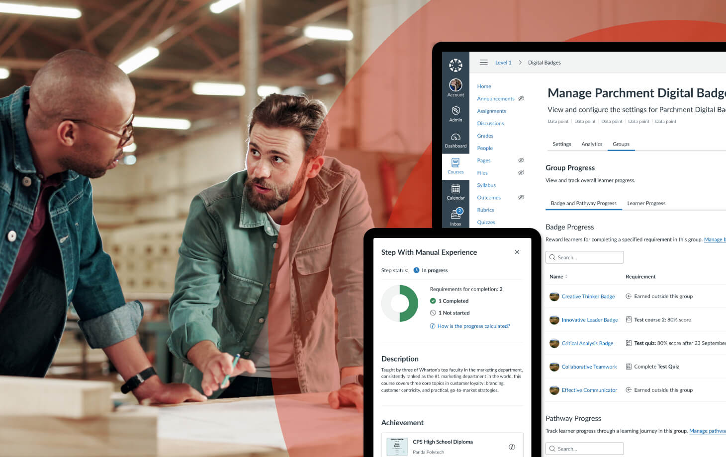 Two people looking at a tablet screen with a product preview