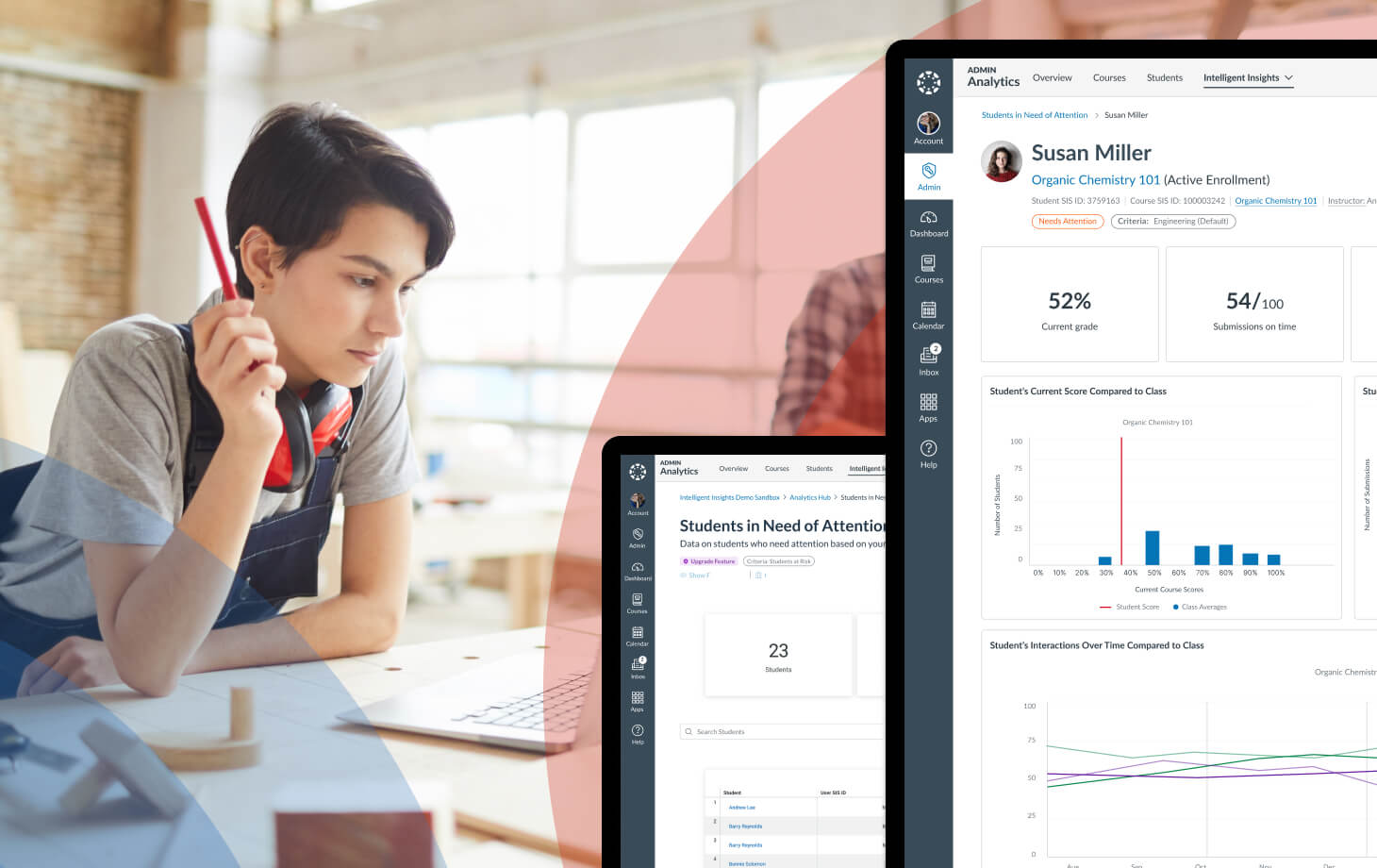 A student in a classroom working at a table.