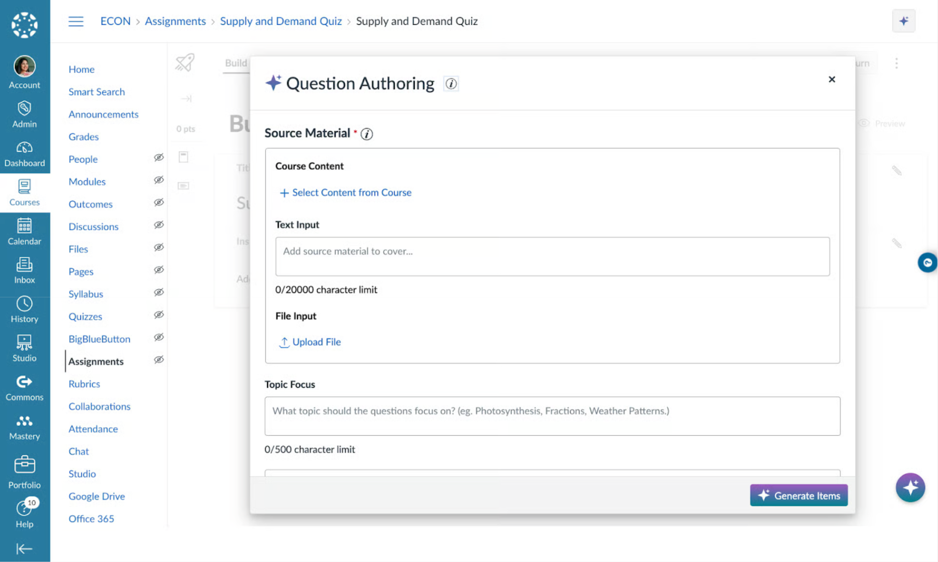 a screenshot of question authoring assistant with IgniteAI in an Economics course
