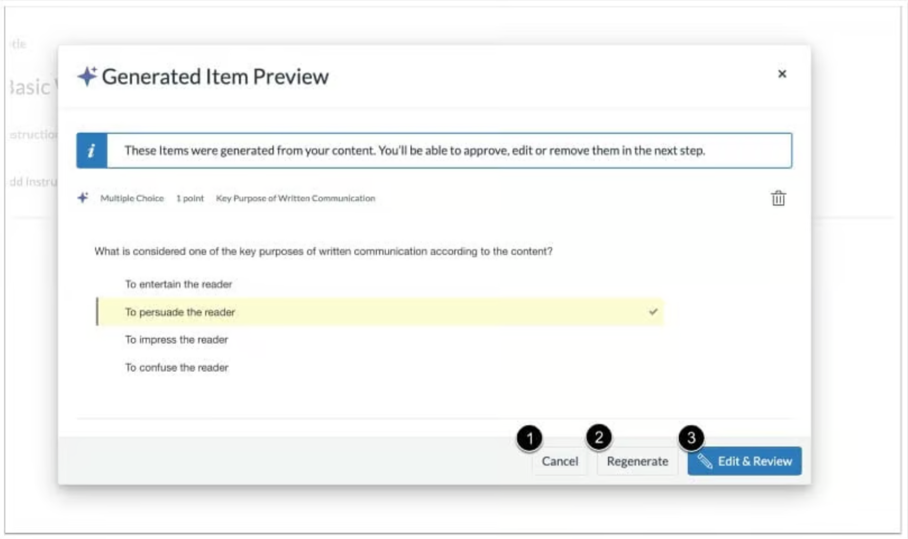 screenshot of Generated Item Preview with IgniteAI Question Authoring