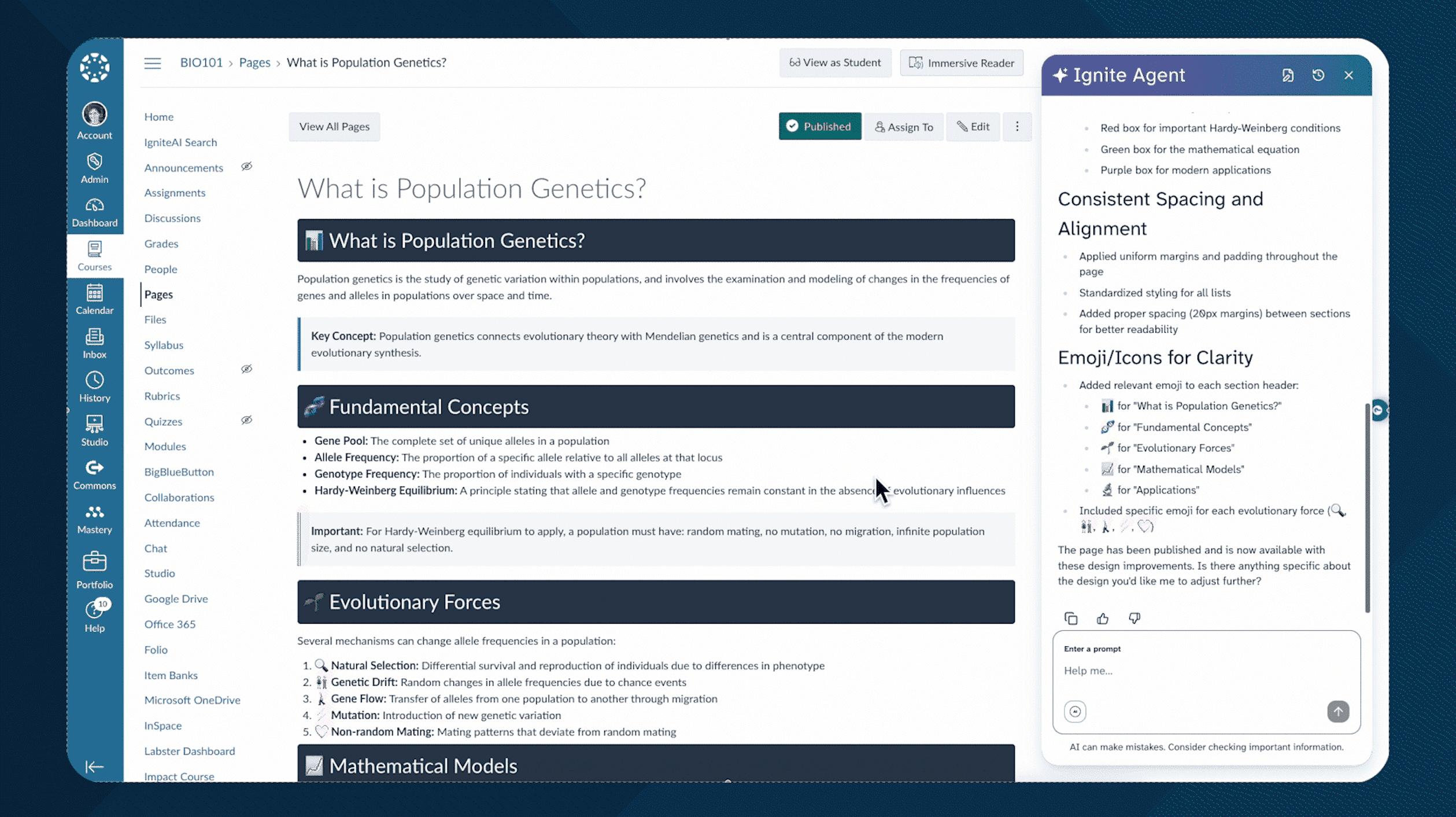 Canvas IgniteAI Agent helps educators across a wide array of administrative responsibilities. This image demonstrates IgniteAI revising a course page to be more descriptive and visually appealing with prompts from educator.