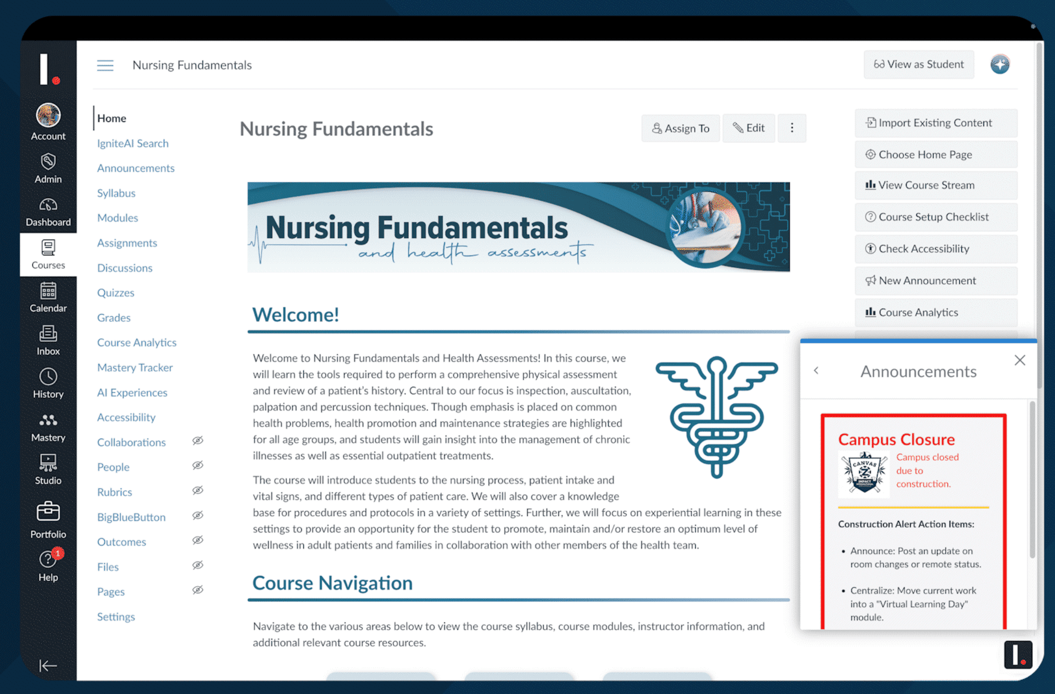 This image illustrates how Impact alerts Canvas users to a campus closure within the Canvas experience.