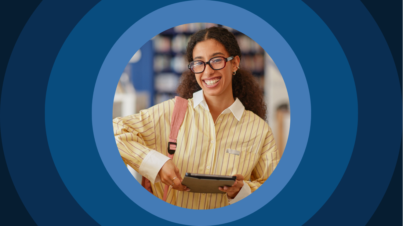 A smiling female learner holding a tablet, shown in a circular frame against a blue graphic background for an article on digital credentials.