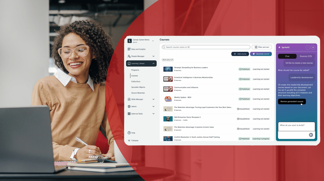 Canvas Career by Instructure course library interface with the Ignite AI assistant panel open, generating a new course.