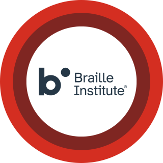 braille institute logo inside a white box on red background