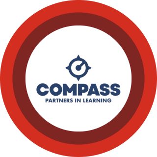 Compass partners in learning logo centered on red and maroon concentric rings.