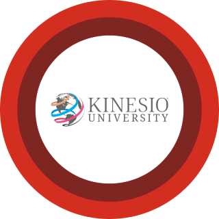 Kinesio University logo centered on red and maroon concentric rings.
