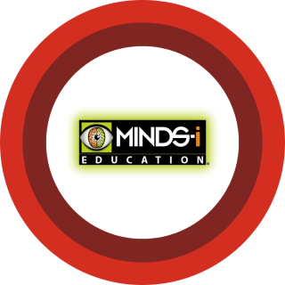 Minds-I Education logo centered on red and maroon concentric rings.
