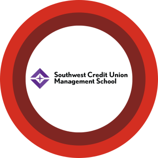 Southwest Credit Union Management School logo centered on red and maroon concentric rings.