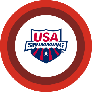USA Swimming logo centered on red and maroon concentric rings.