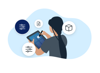 Illustration of a woman customizing software on an tablet