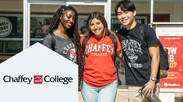 Chaffey College students gather for a group photo on campus