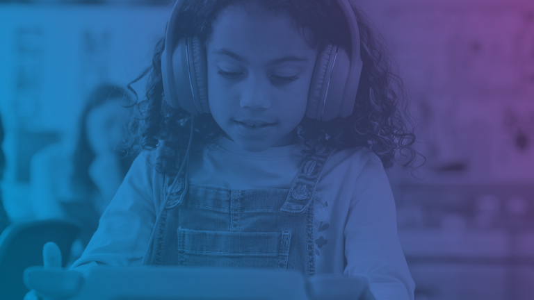 blue and purple gradient over a student interacting with an iPad and wearing headphones