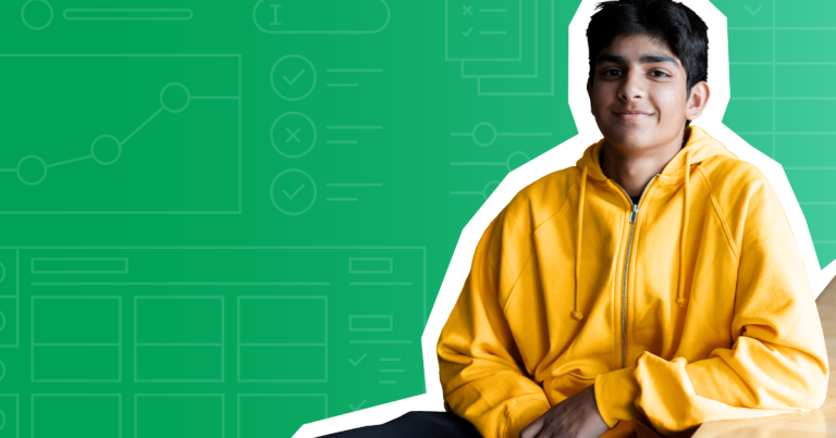 Green gradient over iconography and student in a yellow hoodie seated by a table