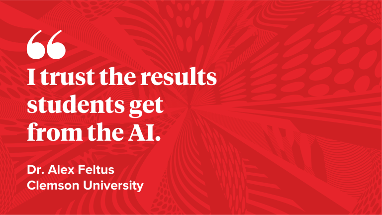 Quote in white text over red background: I trust the results students get from the AI.