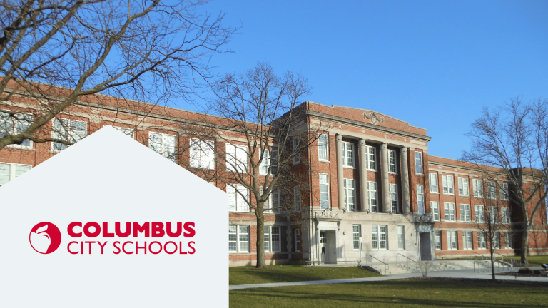 red text: columbus city schools image: school building 