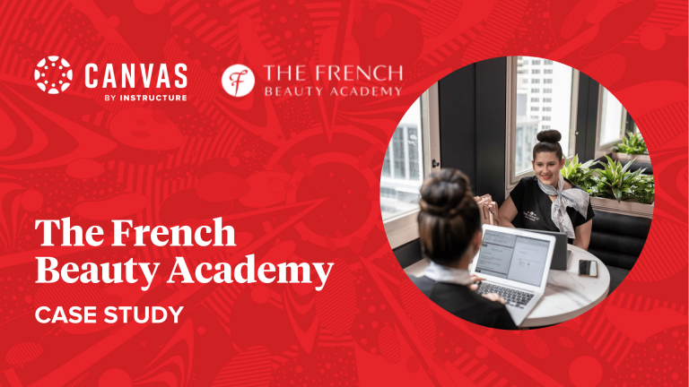 An image with a red background, Canvas and The French Beauty Academy logos, and two women at a desk looking a laptop.