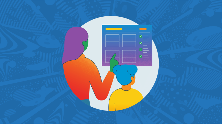 blue splashy background with an icon of an educator and student looking at a checklist