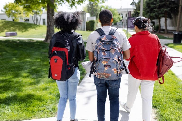 Students walk through campus together