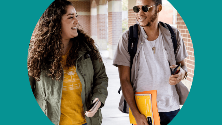 Two students walking in a circle, featuring the words "college is a great place to meet new people" prominently displayed.