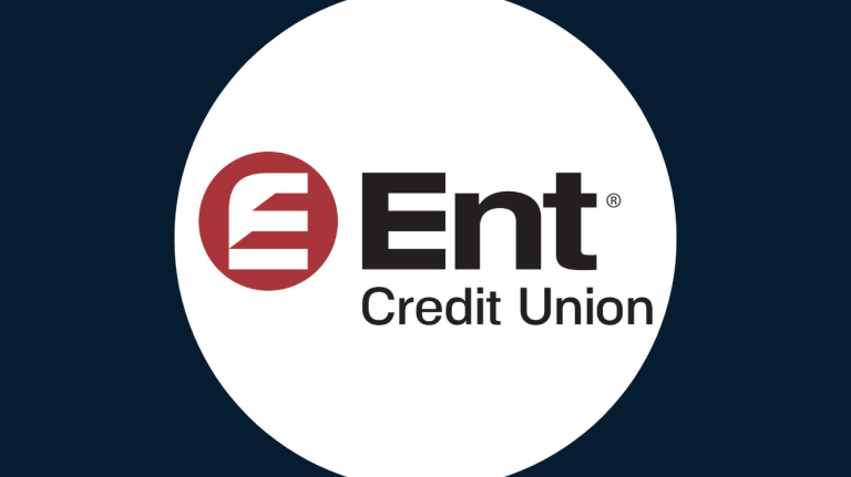 Ent Credit Union logo centered on white circle on a dark blue background