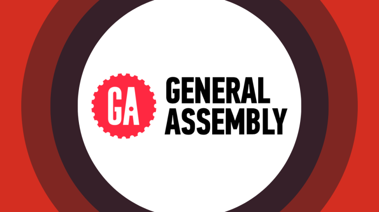 General Assembly logo centered on red and maroon concentric rings.