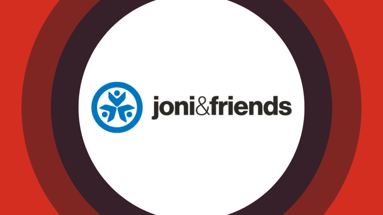 Joni and Friends logo centered on red and maroon concentric rings.