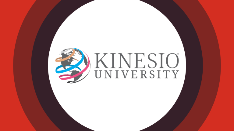 Kinesio University logo centered on red and maroon concentric rings.