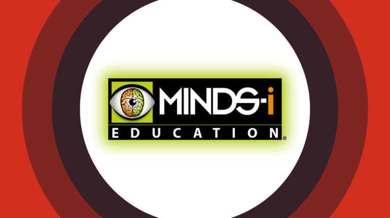 Minds-I Education logo centered on red and maroon concentric rings.