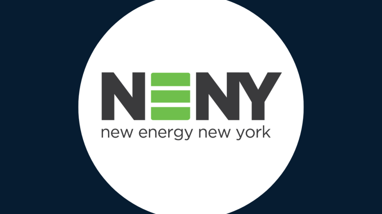 New Energy New York logo centered on white circle on a dark blue background