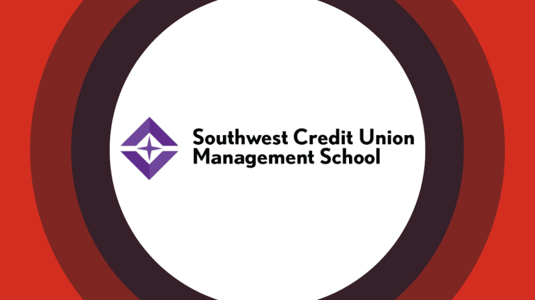 Southwest Credit Union Management School logo centered on red and maroon concentric rings.