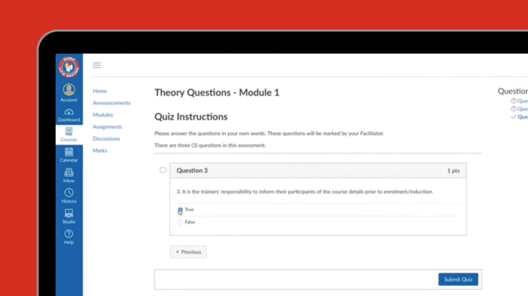 The screen displays the theory questions module, showcasing various questions for user interaction.
