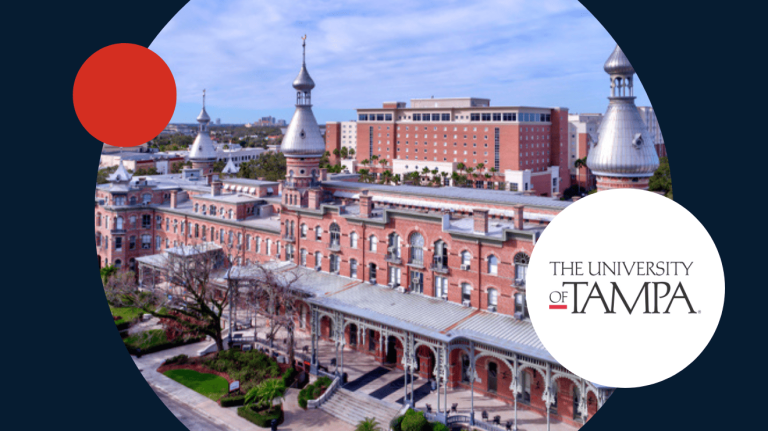 University of Tampa emblem displayed, featuring the facade of the university itself.