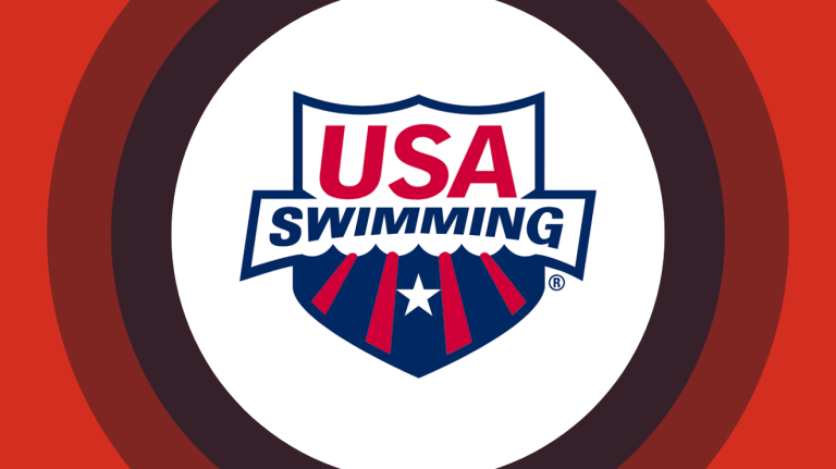 USA Swimming logo centered on red and maroon concentric rings.