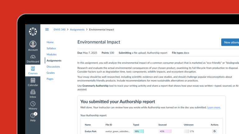 Canvas assignment page titled Environmental Impact with Grammarly Authorship report submitted and results displayed.
