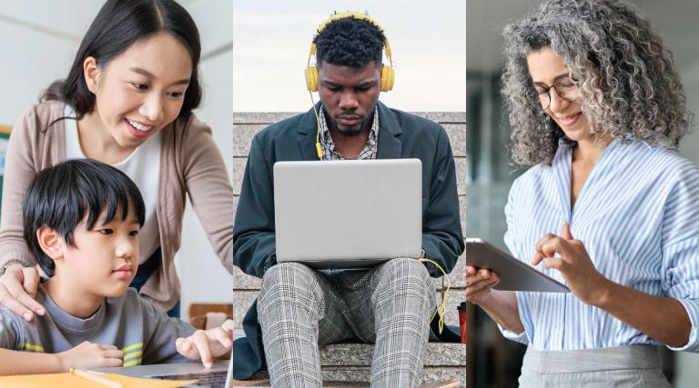 three photos show a young student with a teacher, a college student on a laptop, and an adult learner on a tablet