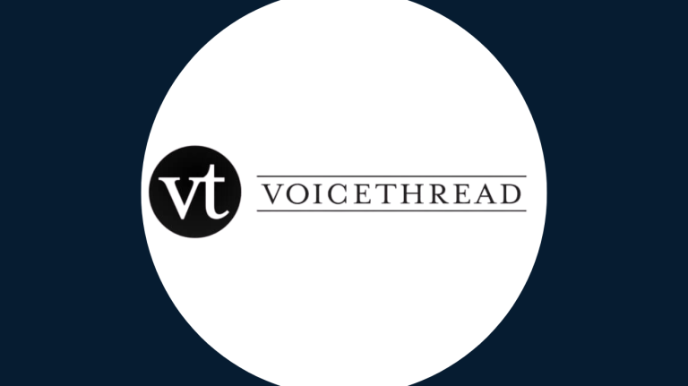 VoiceThread logo — lowercase “vt” inside a black circle, followed by the word “VoiceThread” in uppercase letters with a thin horizontal line above and below the text, centered on a white background with dark blue edges